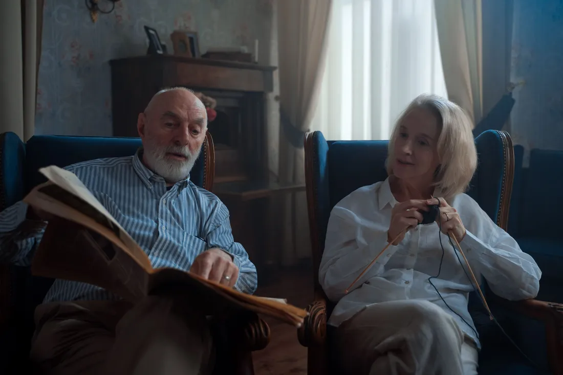 Couple de seniors lisant et tricotant dans deux fauteuils